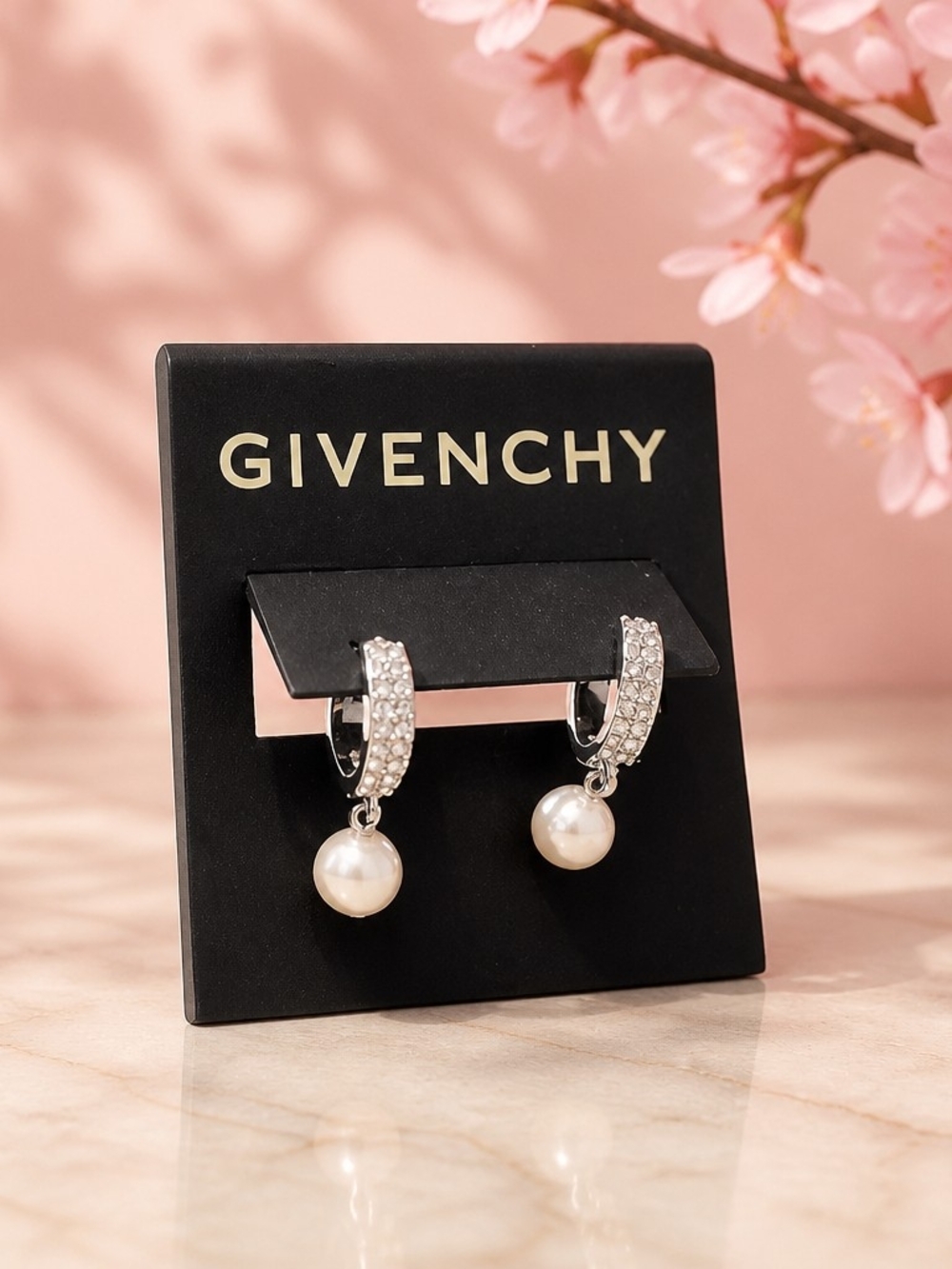 Givenchy Silver Hoop Earrings with Crystal Pavé and Pearl Drops